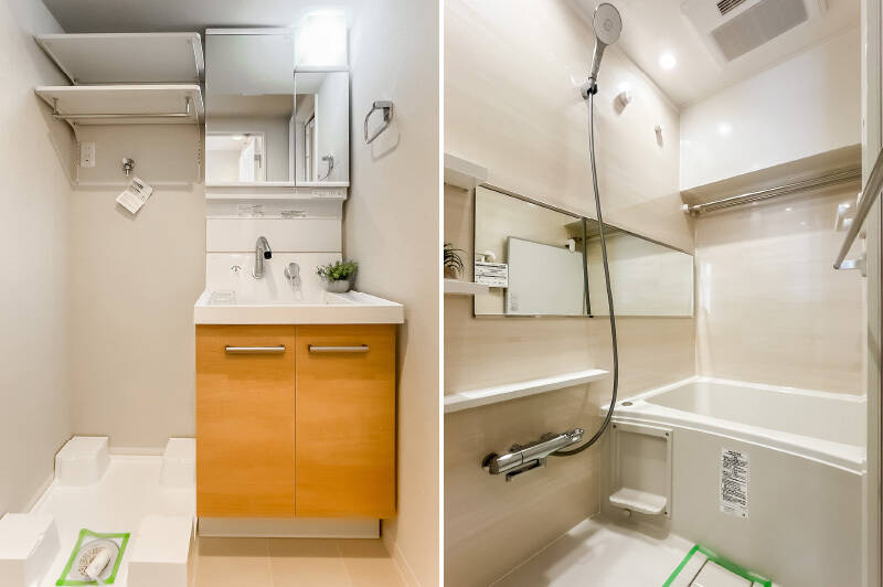 <b>左・</b>洗面化粧台はトップとボウル一体型で、お掃除もしやすそう。／<b>右・</b>浴室乾燥機付きのバスルーム、サイズは1115と少しコンパクトです。