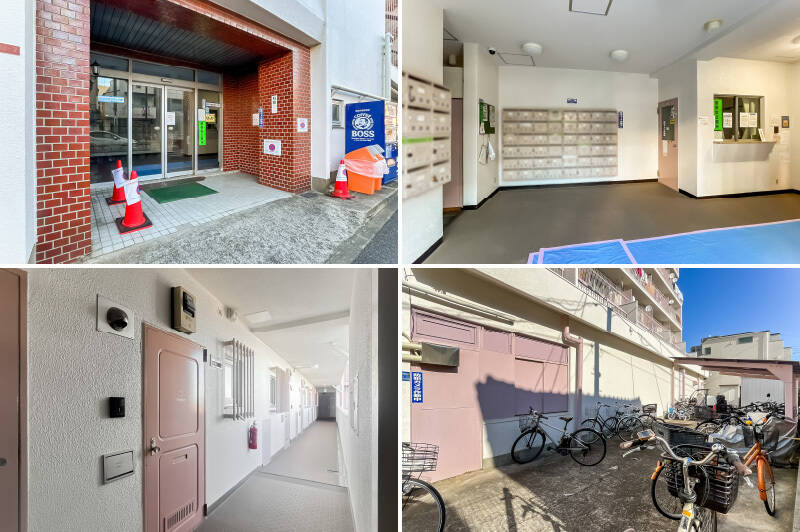 <b>左上・</b>つややかなレンガ調タイル貼りのエントランス。／<b>右上・</b>中に入るとポストと管理事務所があります。／<b>左下・</b>玄関扉もパステルピンクで、レトロかわいい印象。／<b>右下・</b>自転車置き場は区画分けはなく、空きスペースに駐輪。料金は無償で、2026年2月時点で空きありです。
