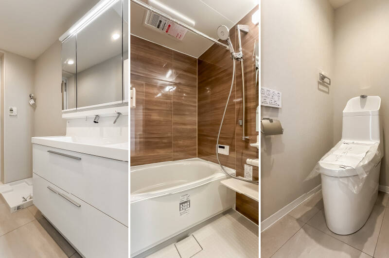 <b>左・</b>シンプルな洗面台。／<b>中央・</b>1216サイズの水まわり。浴室乾燥機機付きです。／<b>右・</b>トイレには廊下からアクセスする間取り。