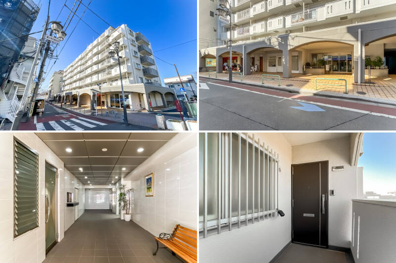 <b>上・</b>1977年に竣工した、総戸数82戸の大規模マンション。リズムよく並んだアーチが特徴的な外観です。／<b>左下・</b>きれいに改修された共用ロビー。／<b>右下・</b>ご紹介した住戸は最上階のひとつ下、7階に所在します。