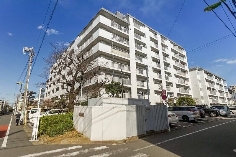 1972年竣工・総戸数158戸のビッグコミュニティ。白塗装の外壁とグリーンが青空によく映える、いいお顔立ちのマンションです。