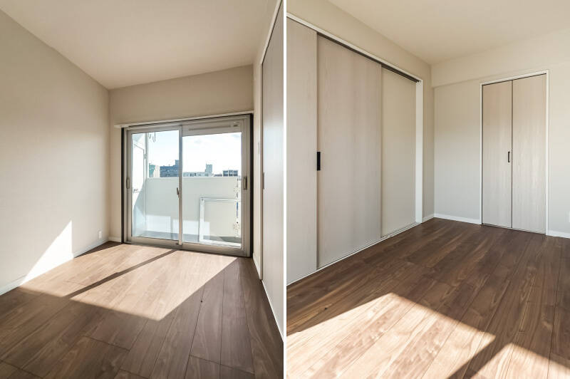 リビング側と引き戸でつながっており、同じく南向きのバルコニーに面しています。クローゼットも付いていますよ。