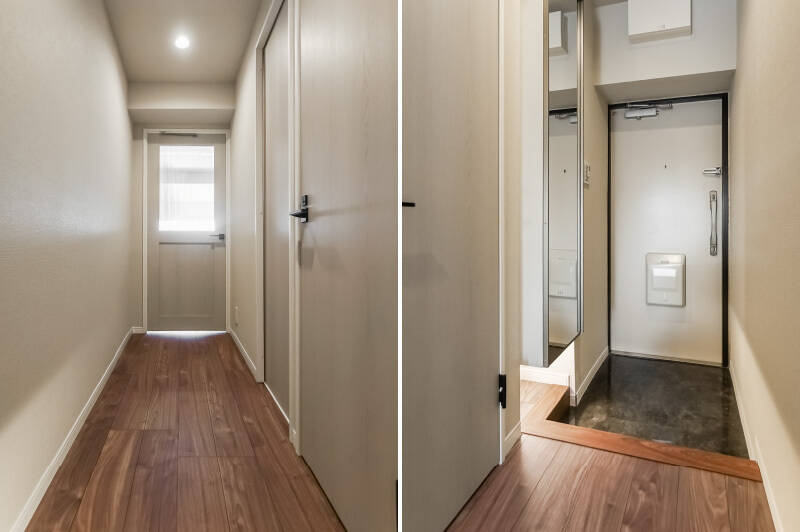 LDKとの間の建具はガラス入りで、廊下と玄関も明るい印象。玄関には、姿見付きの下足入れがあります。