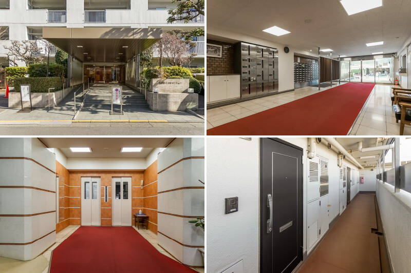 <b>左上・</b>エントランスアプローチからいい面構え。植栽もきれいにメンテナンスがされている印象です。／<b>右上・</b>お手入れが行き届いたエントランス。宅配ボックスが備わっています。／<b>左下・</b>エレベーターは2機あるので、朝の混雑時にも頼もしい。／<b>右下・</b>共用廊下。玄関扉は交換済みです。