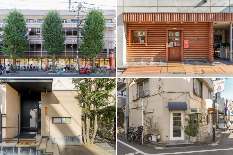 <b>左上・</b>新鮮さに定評のあるスーパー「オオゼキ上町店」。カウカモスタッフでも「オオゼキ」がある街が好きと公言する人は多いです（笑）（徒歩5分）／<b>右上・</b>街のパン屋さん「サンセリテ 北の小麦」。天熟食パンが1番人気。（徒歩3分）／<b>左下・</b>たまの贅沢をしたい時には、「セキ ハナレ」へ。おまかせコースで懐石料理がいただけます。（徒歩4分）／<b>右下・</b>週変わりでおやつが変わる「おかしと喫茶トロッコ」。ついつい通ってしまいそう。（徒歩2分）