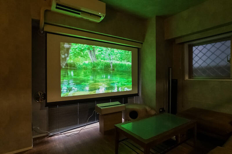 キッチンと反対側の窓際には、プロジェクタースクリーンが備わっています。映画好きにはたまらない……！