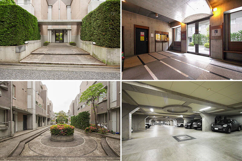 <b>左上・</b>手入れの行き届いた植栽の間を進み、エントランスへ。／<b>右上・</b>エントランスホールには、オートロック・宅配ボックスを完備。／<b>左下・</b>オートロック扉を抜けた先には、中庭が広がります。／<b>右下・</b>地下にある平置き駐車場。
