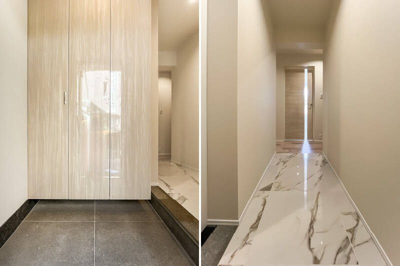 玄関に入ると正面には、トールサイズのシューズボックスが。玄関まわりは白を基調とした品のある設えでお出迎え。