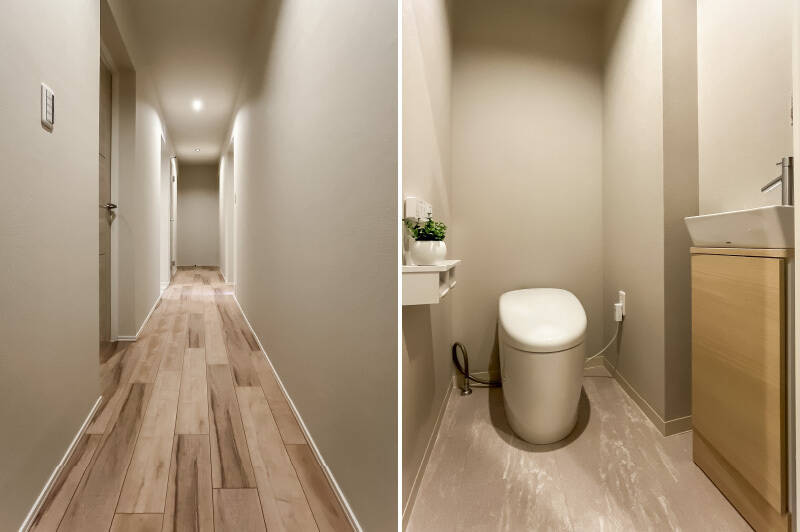 <b>左・</b>各居室は廊下からアクセスします。／<b>右・</b>トイレは手洗い機付き。