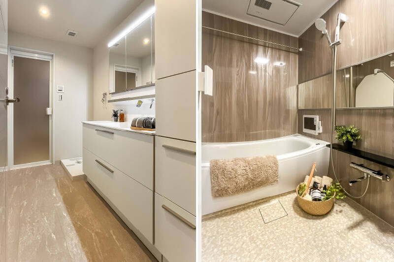 <b>左・</b>洗面台の下と横には、大きな収納が。お風呂用品やリネン類をしまうのに便利。／<b>右・</b>ユニットバスは、TV・浴室乾燥機・追い焚き機能を完備。テレビっ子には嬉しい設備ですね。