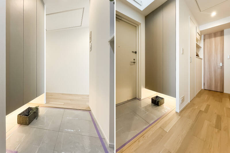 シューズボックスはトールタイプで、グレーの面材を使った落ち着きあるデザイン。玄関の吹き抜けから心地よい光が差し込みます。