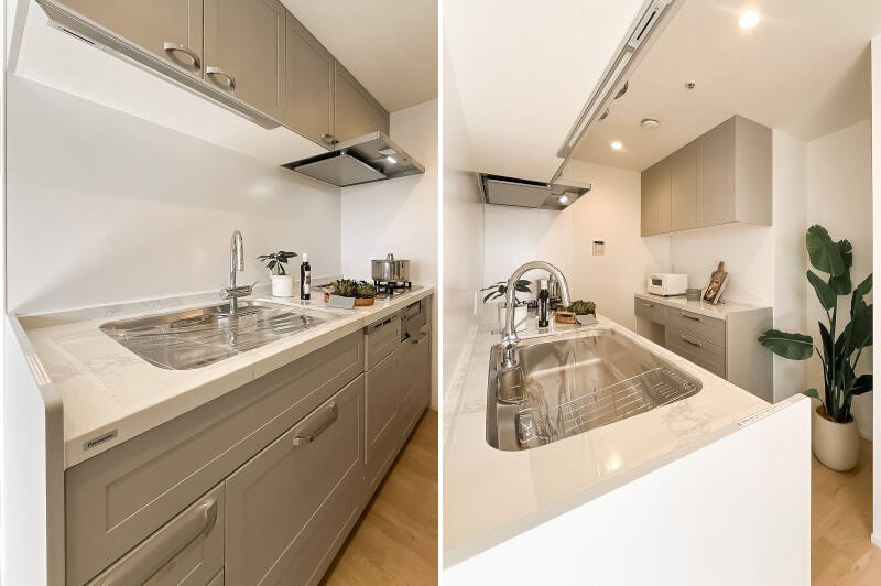 食洗機を完備した、パナソニック製のシステムキッチン。背面にはカップボードを設置済みです。