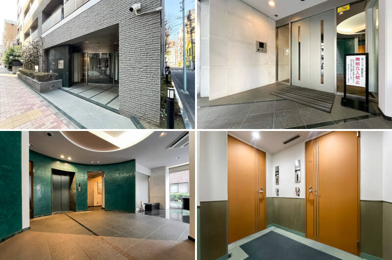 オートロック・宅配ボックス付き。共用廊下は内廊下設計で、ライトブラウンの玄関扉がホテルライクな印象です。