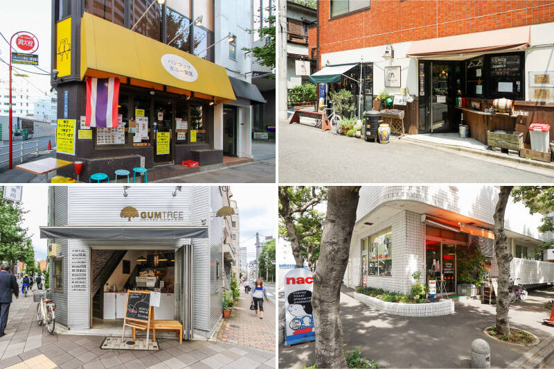 <b>左上・</b>「バンコック ポニー食堂」は、アットホームな雰囲気で本格的なタイ料理を楽しめるレストラン。ランチは行列必至です。（徒歩3分）／<b>右上・</b>モチモチの生パスタが評判のイタリアン「ロカンダ」。隠れ家のような落ち着いた空間で、こだわりの食材を使ったお料理をいただけます。（徒歩2分）／<b>左下・</b>スタイリッシュな外観が目を引くコーヒースタンド「Gumtree Coffee Company（ガムツリーコーヒーカンパニー）」。丁寧に焙煎されたコーヒーを片手に、ルーフガーデンでくつろぎの時間を過ごすのも贅沢です。（徒歩9分）／<b>右下・</b>どこか懐かしいレトロな雰囲気が魅力の喫茶店「nac（ナック）」。名物のナポリタンを頬張りながら、歴史を感じるひとときを。（徒歩5分）