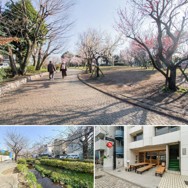 <b>上・</b>「羽根木公園」まで徒歩7分。アスレチック遊具や広場がある一方、冬には梅林が見ごろを迎えます。／<b>左下・</b>「北沢川緑道」まで徒歩4分。せせらぎが流れ、色とりどりの花が咲き、季節の移ろいを感じられますよ。／<b>右下・</b>そんな緑道沿いにある「FUGLEN（フグレン）HANEGI KOEN」は売主さまもお気に入りの一店。美味しいコーヒーと心地いい空間が待っています。（徒歩9分）