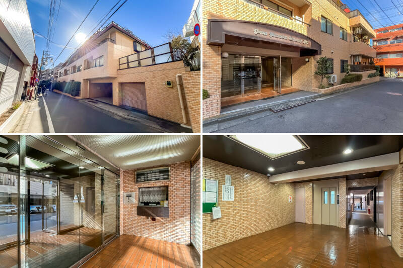 1986年築で新耐震基準を満たした、全22戸のマンションです。エントランスは商店街の角を曲がった先に。オートロックを備えていますよ。