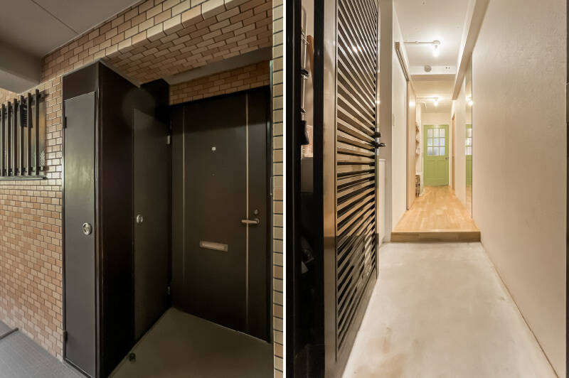 2階に所在する住戸へ到着。玄関の前にはアルコーブがあり、プライバシーが守られています。ドアを開けると風通しのためのドアがもう1枚。珍しい造りですね！