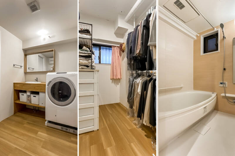 <b>左・</b>カウンターや鏡の枠に木が使われた洗面台。左手の引き戸を開けると……／<b>中央・</b>共用廊下に面した約3帖のサービスルームが出現！ まとめて衣類を収納したり、ワークスペースにしたり、使い勝手がよさそう。／<b>右・</b>1418サイズのユニットバス。またしても小窓付きで湿気知らずです！