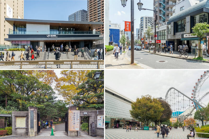 <b>左上・</b>JR総武線と4つの地下鉄が乗り入れる「飯田橋」が最寄り駅。（徒歩10分）。都内のどこへ出るにも便利です。／<b>右上・</b>徒歩14分で “リトル・パリ” と称される「神楽坂」駅に到着。様々なグルメが楽しめます。／<b>左下・</b>日本庭園が見事な「小石川後楽園」にも徒歩7分。／<b>右下・</b>「東京ドームシティ」にも徒歩12分で、アミューズメントにも事欠きません。