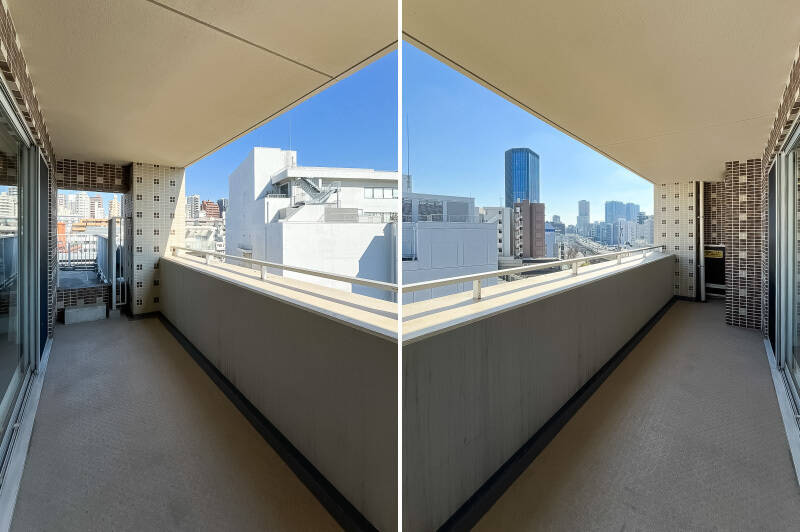 屋根がかかった通常のバルコニーもこんなに広々しています。南東向きなので、お洗濯物はこちらで干すのがオススメ。ルーフバルコニーに抜けることもできますよ。