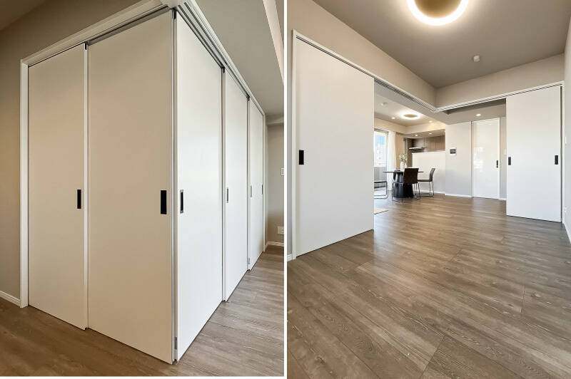 引き戸は全部で5枚。閉め切ると空間が重たく感じるため、日常的には開けて使い、来客の際に客間として個室化するのがいいかもしれません。普段はお子さまの遊び場やリモートワークのスペースに適していそうですよ。