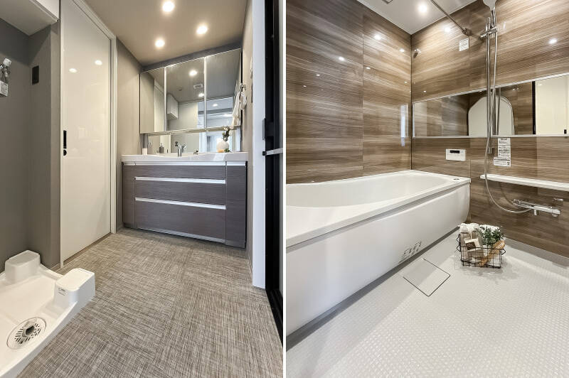 <b>左・</b>左手の引き戸がキッチンへとつながっています。／<b>右・</b>ゆったり艶やかなユニットバス。