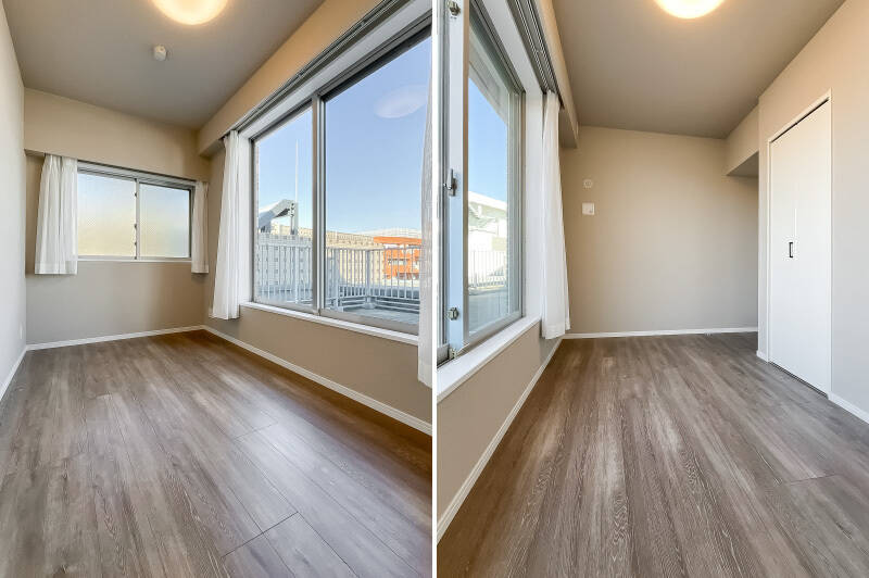 ルーフバルコニーに出られる北東向きの窓のほか、北西側にも窓が。