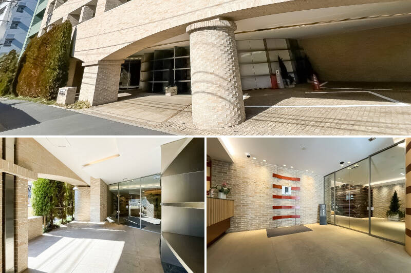 <b>上・</b>アーチを描く立派なエントランス。／<b>左下・</b>自動ドアは奥まった場所にあり、植栽が目隠しの役割を果たしています。動線自体がリッチですね。／<b>右下・</b>オートロックの手前にコンシェルジュカウンターが。宅配ボックスも備わっています◎