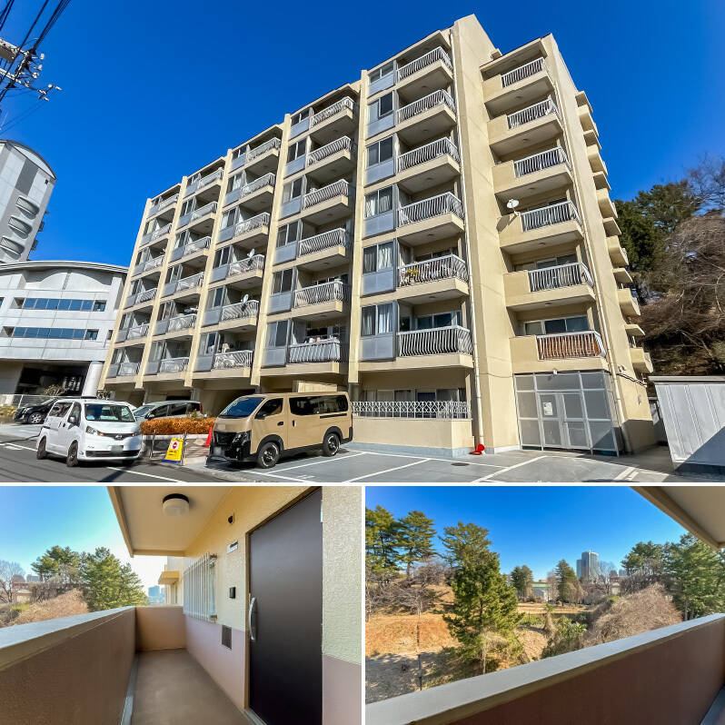 <p><b>上・</b>1972年築、全32戸の小規模なコミュニティです。／<b>下・</b>エレベーターに乗って、住戸がある7階に到着。共用廊下からは背後に広がる広大な空き地を望めます。</p>