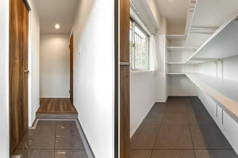 玄関の左手に、いきなりBIGサイズなシューズインクローゼット（SIC）を発見！ 共用廊下に面した窓があって明るく、風を通せるのもポイント。靴だけでなくアウトドア用品、ベビーカーや子ども用自転車まで置けそうです。