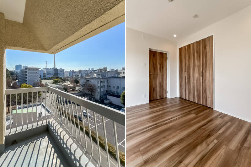 <b>左・</b>バルコニーもひとつめより気持ち広めかも？ 相変わらず三角屋根がチャーミング。／<b>右・</b>折れ戸2枚分のクローゼット付きです。