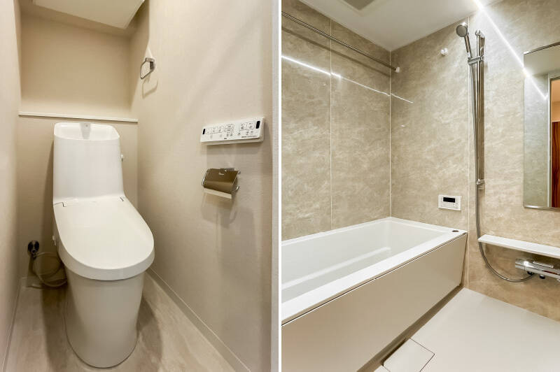 <b>左・</b>カウンターと収納付きのトイレ。／<b>右・</b>浴室換気乾燥機付きのユニットバス。