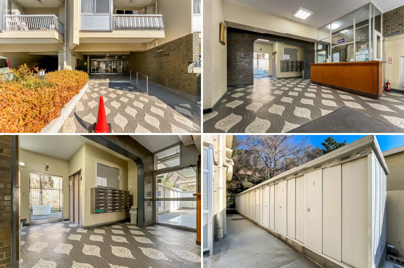 左上・アプローチに敷かれたタイルに萌え。細かいですが植え込みの立ち上がりまで頑張って模様を維持しているのが堪りません。そしてマンション名のフォントが激萌えなので、皆さまぜひご内見の際にご確認を！／右上・まるで受付のような管理事務所。昭和の商業ビルを彷彿とさせ、こちらも激萌えです。管理人さんは平日だけでなく、月に2回土曜日も勤務されています。全32戸に対しとても手厚いですね。／左下・床のタイルはエレベーター前まで続いています。大きなアーチの開口もイイですね。右手のガラス戸を開けると……／右下・屋外にトランクルームがずらっと並んでいます。こちらは2025年7月時点空きありで、月4,000円で借りられます。最新の空き状況はご確認くださいね。