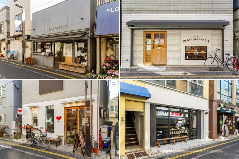 <b>左上・</b>気軽にコーヒーを楽しむなら「KANNON COFFEE（カンノンコーヒー） 松陰神社前店」。（徒歩3分）／<b>右上・</b>カステラ専門店「DE CARNERO CASTE Tokyo（デ カルネロ カステ トーキョー）」。三重県産の小麦粉「あやひかり」を使用したカステラは、しっとりもちもち食感です。（徒歩4分）／<b>左下・</b>ハートのロゴがかわいらしい「CAFEDICT（カフェディクト）」。（徒歩3分）いちごのパフェやホットドッグがおすすめです！／<b>右下・</b>店内で焙煎したほうじ茶や、こだわりの素材からつくられる四季折々のブレンド茶を楽しめる「SOUEN（ソウエン）」。（徒歩4分）