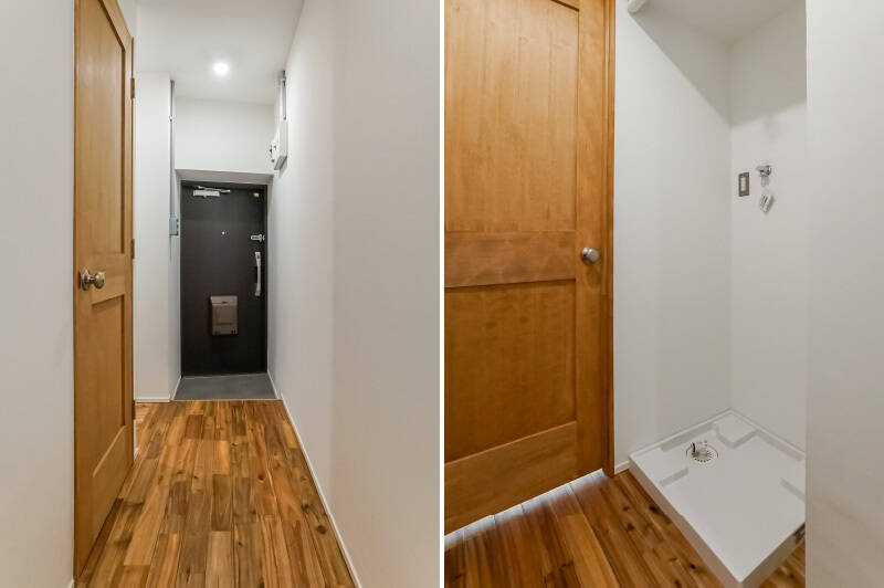 洋室の扉横には洗濯機置き場があります。ロールカーテンが付いているので、洗濯機を使わないときは隠して、生活感を抑えられますよ。