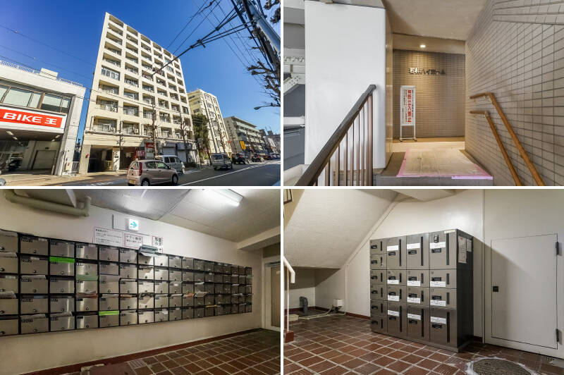 1968年に竣工した、総戸数101戸の大規模マンション。1階部分には複数のテナントが入居しており、居住者のエントランスは2階部分に所在。管理人室や駐車場、ポストなどの共用設備は1階に集まっています。