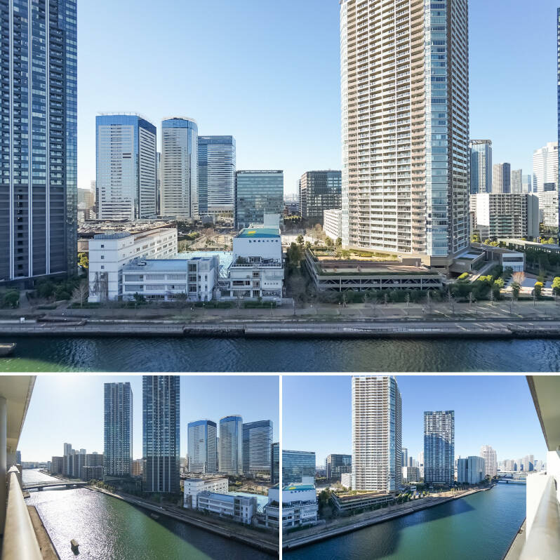 最上階から見下ろす景色。東京の高層ビルの街並みから運河の先まで、ぐるりと半周する眺望は、思わず深呼吸したくなる心地よさです。