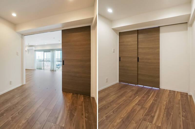 2枚の引き戸で仕切れるつくり。閉めれば独立した一室として、開ければLDKとつながる空間になり、お子さまの遊び場や来客時のゲストルームとしても重宝しそうです。