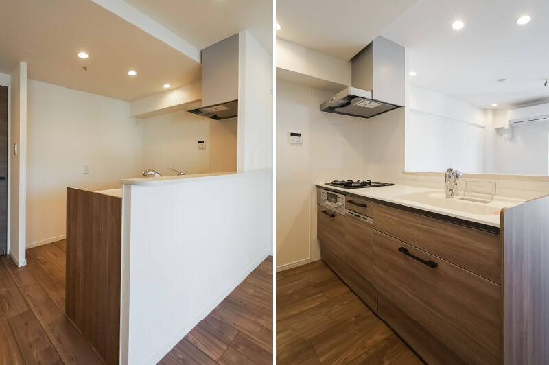 床の色味に合わせた面材で、空間に統一感があります。食洗機や浄水器一体型水栓も備わっていて、日々の家事をサポートしてくれそう。