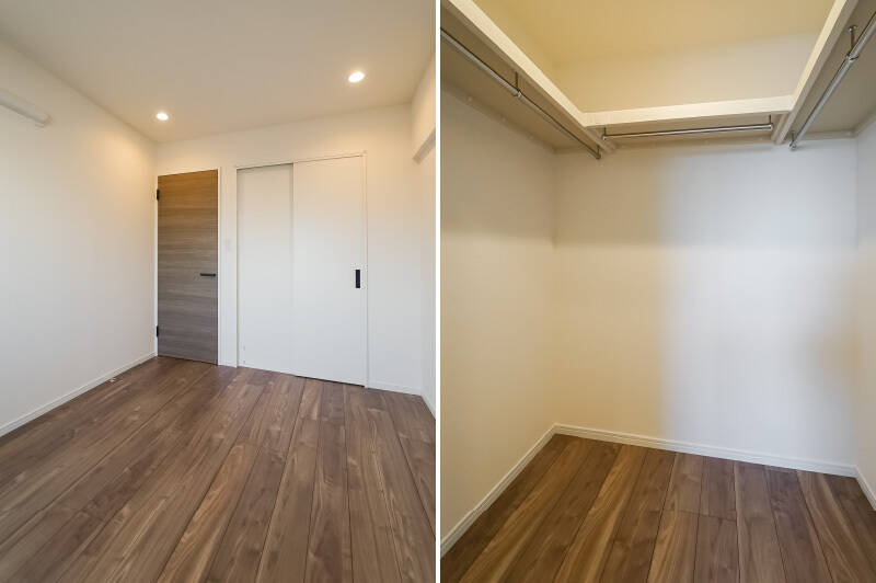 ハンガーパイプと枕棚がコの字型に配された、広めのウォークインクローゼット（WIC）も備わっています。