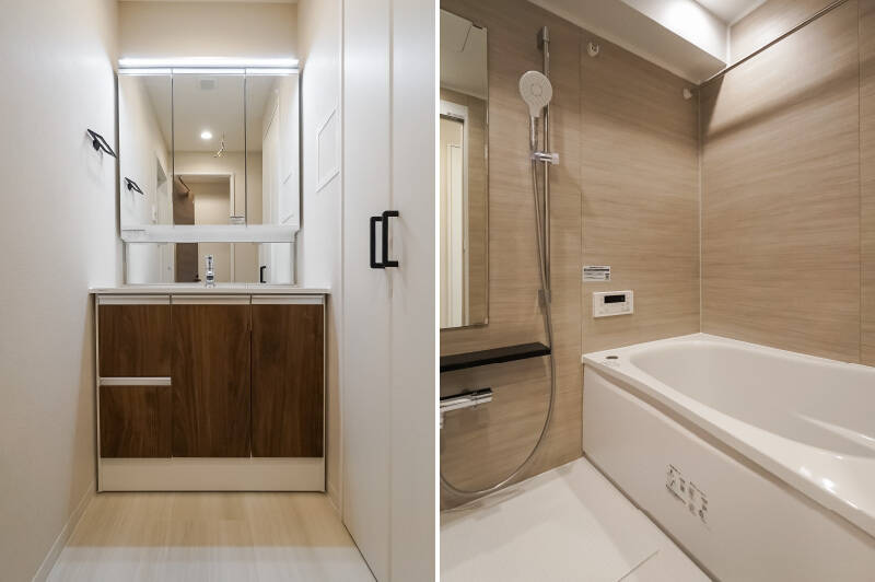 <b>左・</b>洗面室に入って右手には、トールサイズの扉付き収納があり、タオルや洗剤など、日常的に使うものをしっかりしまえます◎／<b>右・</b>バスルームは浴室乾燥機付きで、サイズは1317です。