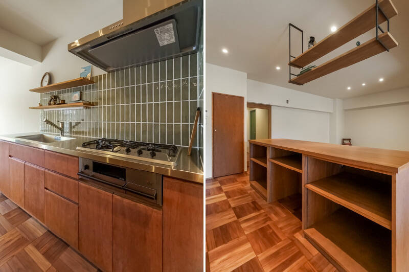 <b>左・</b>熱源は3口のガスコンロで、見た目もおしゃれな五徳タイプです。収納部分の木製の扉はひとつひとつが手に馴染むようで、仕上げの丁寧さを感じます。／<b>右・</b>収納力たっぷりのカウンターのほか、左手奥には人がすっぽり入れる程度の大きさのパントリーが用意されていますよ。