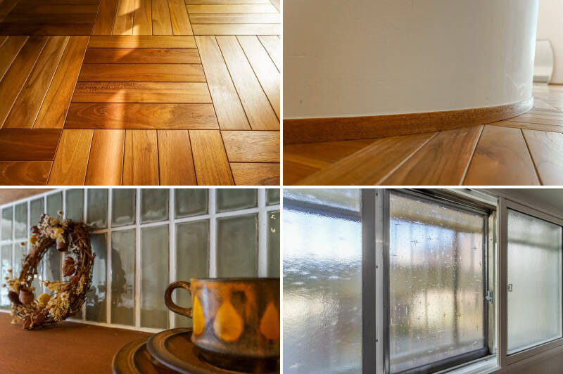 <b>左上・</b>水まわり以外の全空間で足元を彩るパーケット床。昔の木造校舎を思わせるレトロな雰囲気がたまりません。／<b>右上・</b>細かい点ですが、細くモダンな仕上がりの巾木（はばき）は特にこだわりを感じるポイントなので、ぜひ注目を。／<b>左下・</b>微妙な凹凸が光の揺らぎを生むキッチンタイル。／<b>右下・</b>そして洋室Ｂの窓が、昭和レトロ！ 風合いを活かすため、インナーサッシにも雨の日のような型ガラスが採用されています。