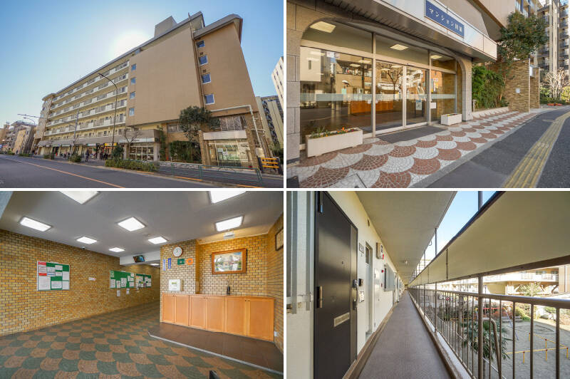 <b>左上・</b>1975年築、総戸数185戸の大規模なマンション。1階部分にはテナントとして飲食店やヘアサロンなどが入居しています。／<b>右上・</b>エントランス付近のタイルやアーチのあるレトロな意匠も、住戸の内装とリンクしていてイイ感じですね。／<b>左下・</b>タイル張りの共用ホールには防犯カメラ＆モニターを完備。／<b>右下・</b>住戸の玄関扉も重厚感あるものに更新済みです。目の前にはちょうど、お隣の公園が見えます。