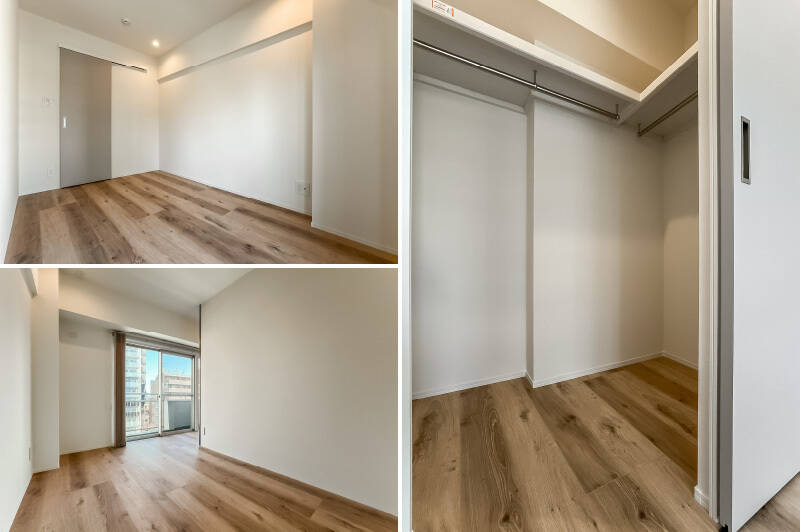 <b>左・</b>サービスルームはリビングダイニングの壁沿いをまわり込んだ位置にあり、東向きの窓に面しています。/<b>右・</b>引き戸タイプのウォークインクローゼット(WIC)付き。季節家電など大きなアイテムも収納可能な広さです。