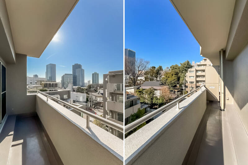 奥行きあるバルコニー。左右にはビルと緑が共演しており、こちらのエリアらしい眺望を楽しめます。