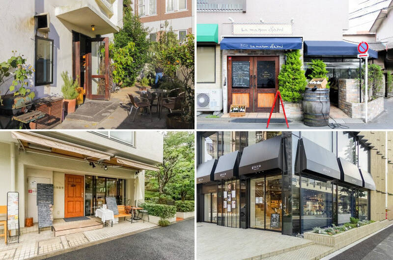 <b>左上・</b>「Ristorantino Lubero(リストランティーノ リベロ)」は、古民家を改装した一軒家レストラン。こだわりの素材を使った美しい料理と、居心地のいい雰囲気が魅力です。(徒歩5分)/<b>右上・</b>「La maison dami(ラ メゾン ダミ)」は、気軽にいただけるフレンチが人気。ついついワインが進むメニューばかりだそう。(徒歩5分)/<b>左下・</b>イタリアンとフレンチの要素を盛り込んだ和洋折衷レストラン「小林食堂」。テイクアウト可能なメニューもあるので、ホームパーティにも◎(徒歩4分)/<b>右下・</b>「gicca(ジッカ)池田山」では、世界の家庭料理やケーキを楽しめます。店内には各国のめずらしい調味料などを購入できるコーナーも。(徒歩3分)