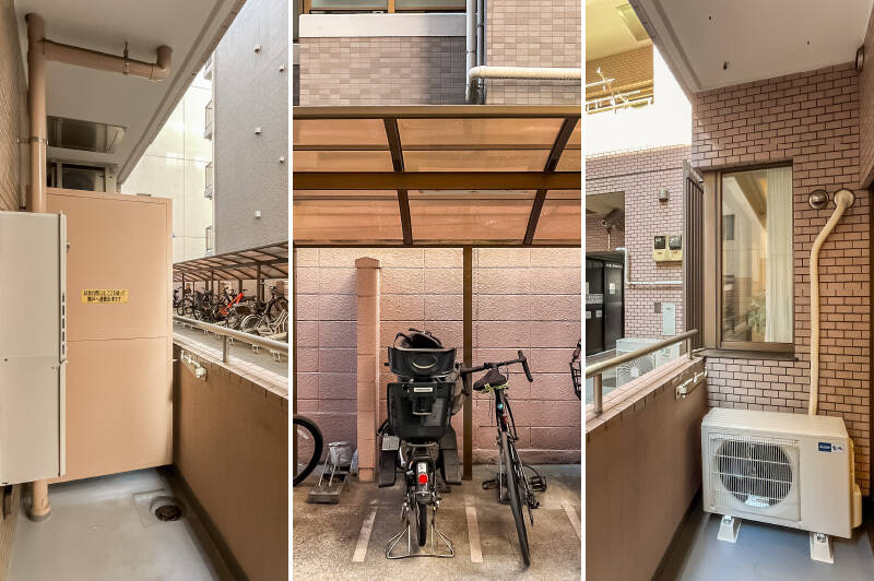 バルコニーのすぐ目の前は、自転車置き場。人の往来があるので、普段はレースカーテンを引いて過ごすのがよさそう。