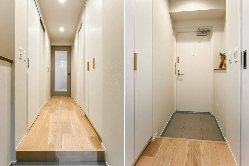 玄関にはカウンターを用意。お出かけに必要な小物類をまとめて置いておくと、スッと外出できそうです。