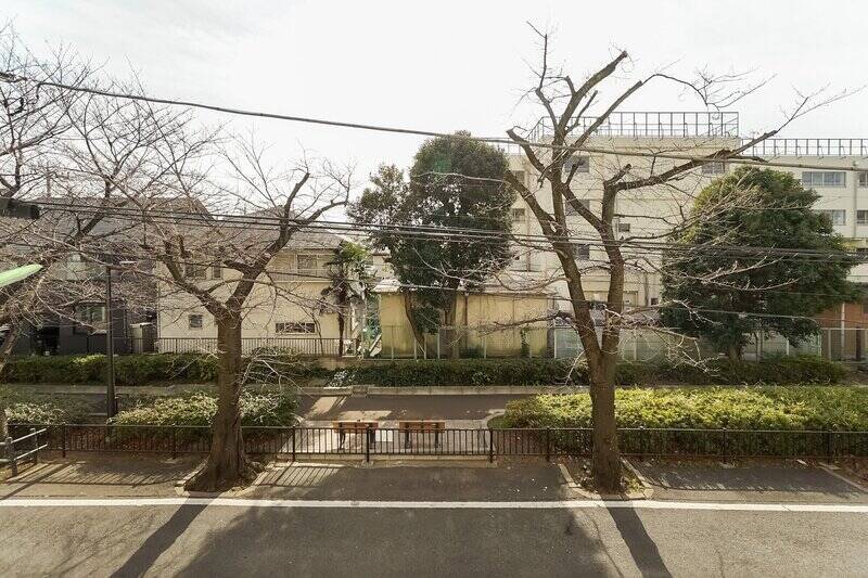 おおっ！ 外に出ると、ちょうど目の前にマンション横の「蛇崩川緑道」を望むナイスポジション。緑道は桜並木なので、花の季節にはこのバルコニーがそのまま “花見やぐら” になりそう……なんて素敵な！